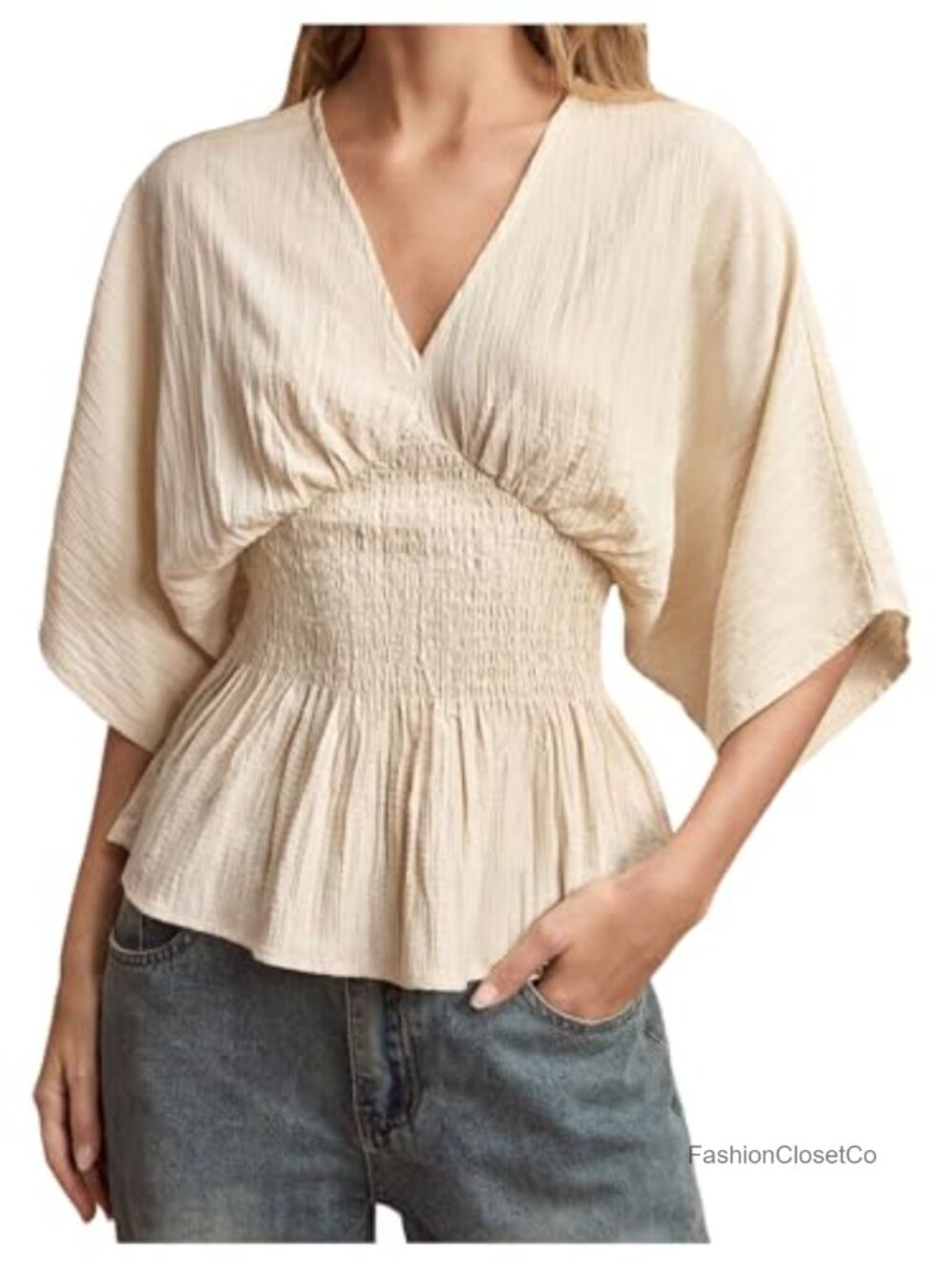 Womens Peplum Blouse Half Sleeve V-Neck Shirred Waist Ruffle Hem Pull On